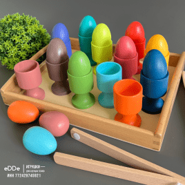 Развивающий деревянный набор для дошкольного обучения «Яйца на подносе с пинцетом» | Сортируем по цветам